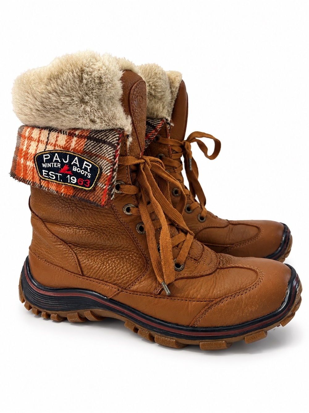 Pajar Alice Brown Leather Waterproof Winter Boots Fur Plaid 9-9.5